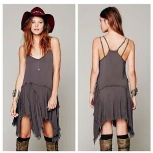 Intimately Free People Gray Tattered Up Fringe Hem Spaghetti Strap Boho Dress sz